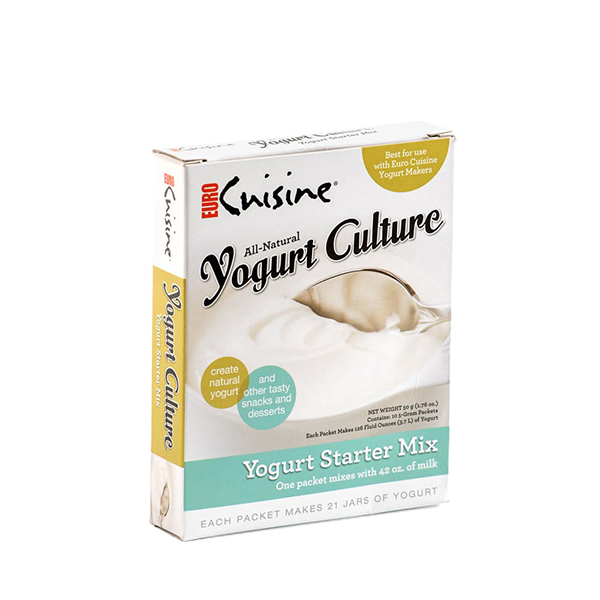Packaging of all-natural yogurt starter mix for electric yogurt makers, highlighting easy preparation with milk, ideal for Kitchen & Food, Specialty Equipment, and DIY Cheese and Yogurt collections.