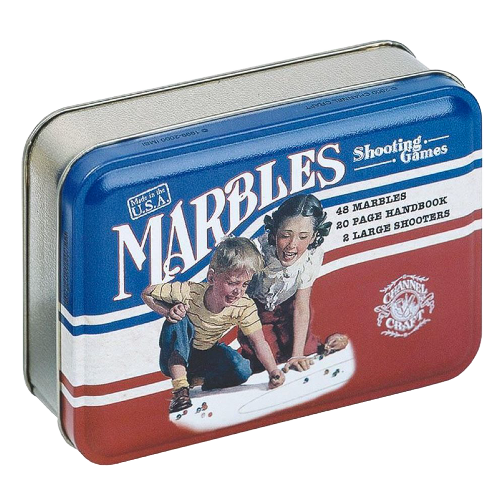 Rectangular handcrafted tin featuring vintage-style artwork of children playing marbles, containing 48 marbles, two large shooters, and a 20-page instruction handbook, made in USA, part of Toys, Books & Games, USA Made, Children's Toys, Games and Puzzles, Table and Board Games, Best Sellers, and Promo Eligible collections.