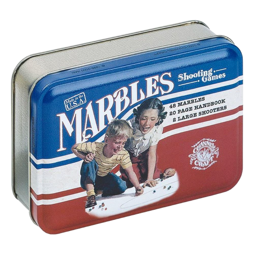 Rectangular handcrafted tin featuring vintage-style artwork of children playing marbles, containing 48 marbles, two large shooters, and a 20-page instruction handbook, made in USA, part of Toys, Books & Games, USA Made, Children's Toys, Games and Puzzles, Table and Board Games, Best Sellers, and Promo Eligible collections.