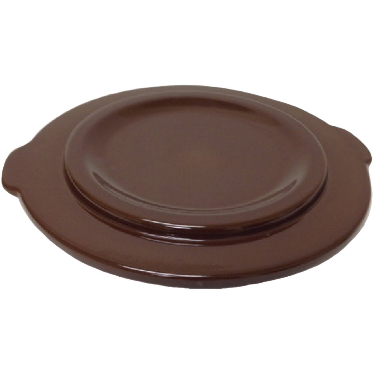 Handcrafted dark brown stoneware lid with side handles, made in USA, designed for food preservation and fermenting in kitchen and pickling collections.