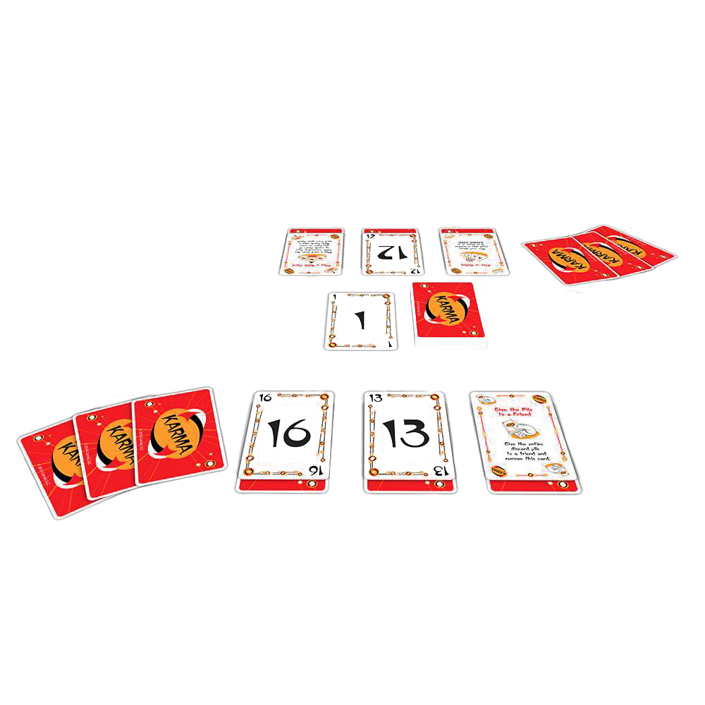 Arrangement of Handmade Karma Card Game set showing numbered cards, rule card, and red-back playing cards, ideal for indoor play and family game collections.