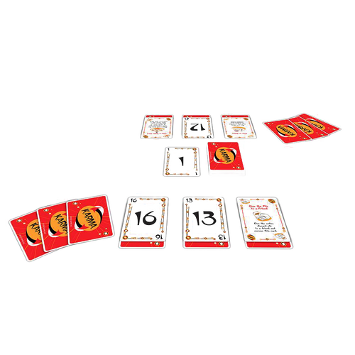 Arrangement of Handmade Karma Card Game set showing numbered cards, rule card, and red-back playing cards, ideal for indoor play and family game collections.