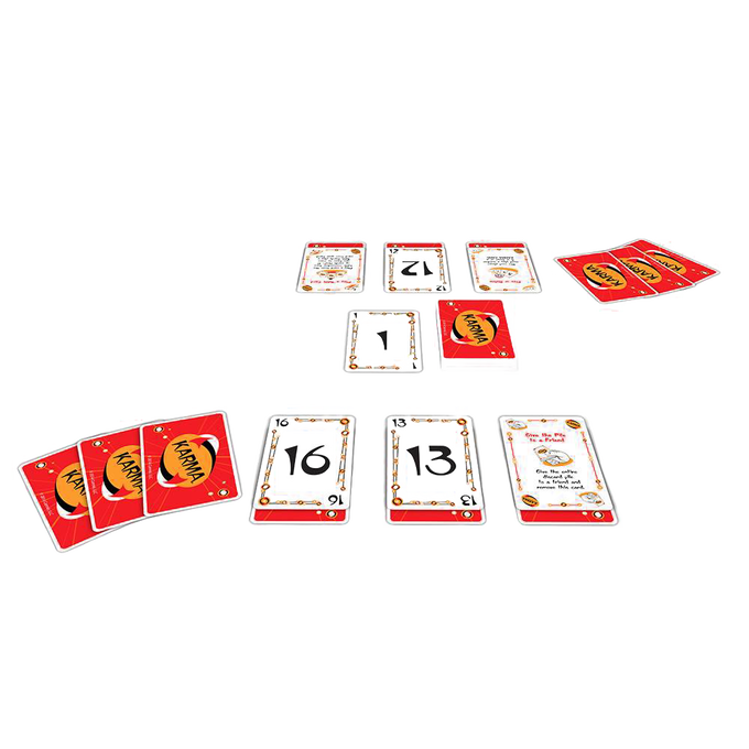 Arrangement of Handmade Karma Card Game set showing numbered cards, rule card, and red-back playing cards, ideal for indoor play and family game collections.