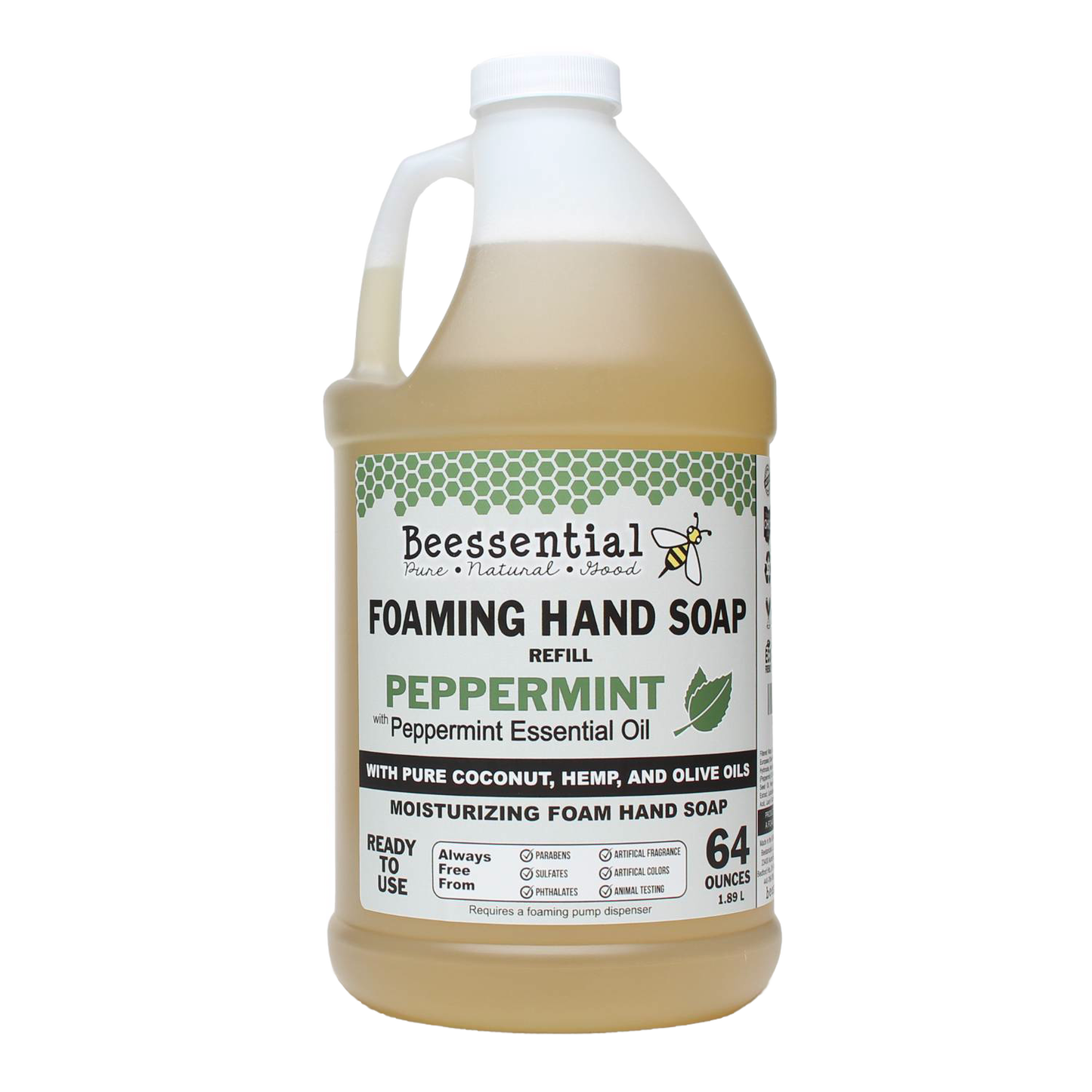 Large 64-ounce handcrafted foaming hand soap refill scented with peppermint essential oil, made with natural coconut, hemp, and olive oils, featured in Health & Wellness, Grooming and Personal Hygiene, Soaps and Soapmaking, Soaps, USA Made, Best Sellers, and Promo Eligible collections.
