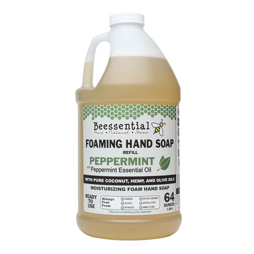 Large 64-ounce handcrafted foaming hand soap refill scented with peppermint essential oil, made with natural coconut, hemp, and olive oils, featured in Health & Wellness, Grooming and Personal Hygiene, Soaps and Soapmaking, Soaps, USA Made, Best Sellers, and Promo Eligible collections.