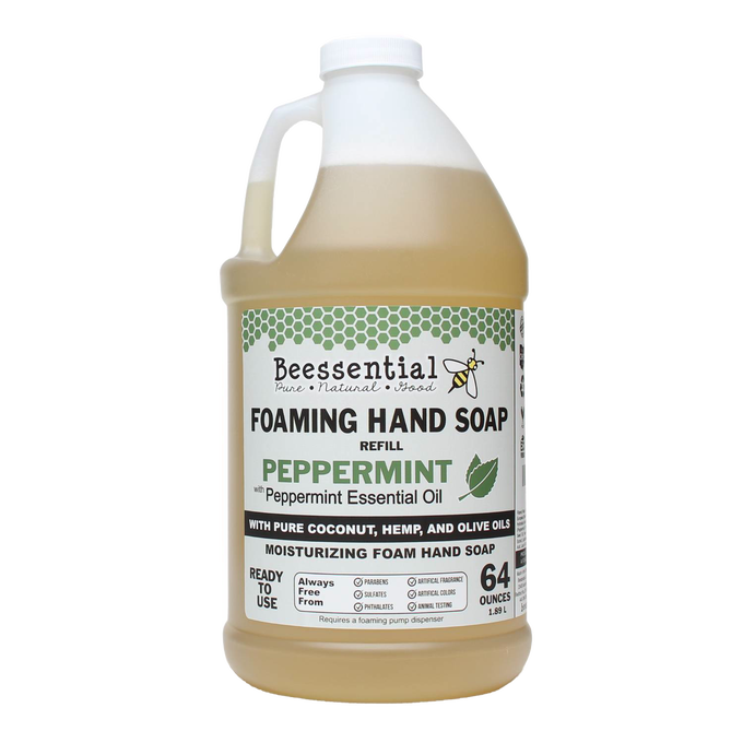 Large 64-ounce handcrafted foaming hand soap refill scented with peppermint essential oil, made with natural coconut, hemp, and olive oils, featured in Health & Wellness, Grooming and Personal Hygiene, Soaps and Soapmaking, Soaps, USA Made, Best Sellers, and Promo Eligible collections.