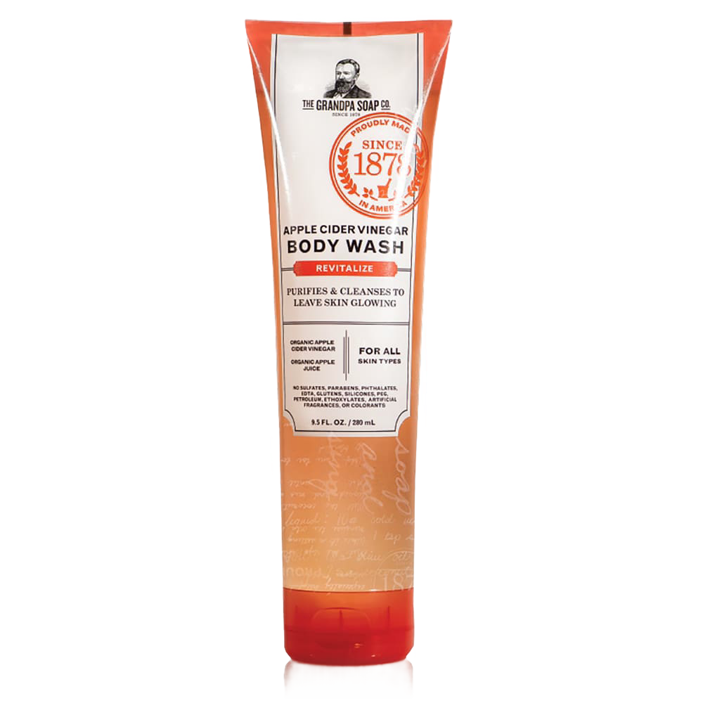Tube of Grandpa’s Apple Cider Vinegar body wash in orange and cream packaging, featuring natural cleansing ingredients and designed for all skin types, ideal for Health & Wellness and Grooming collections.