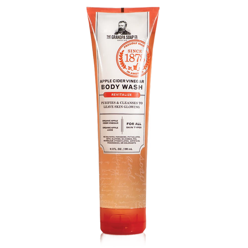 Tube of Grandpa’s Apple Cider Vinegar body wash in orange and cream packaging, featuring natural cleansing ingredients and designed for all skin types, ideal for Health & Wellness and Grooming collections.