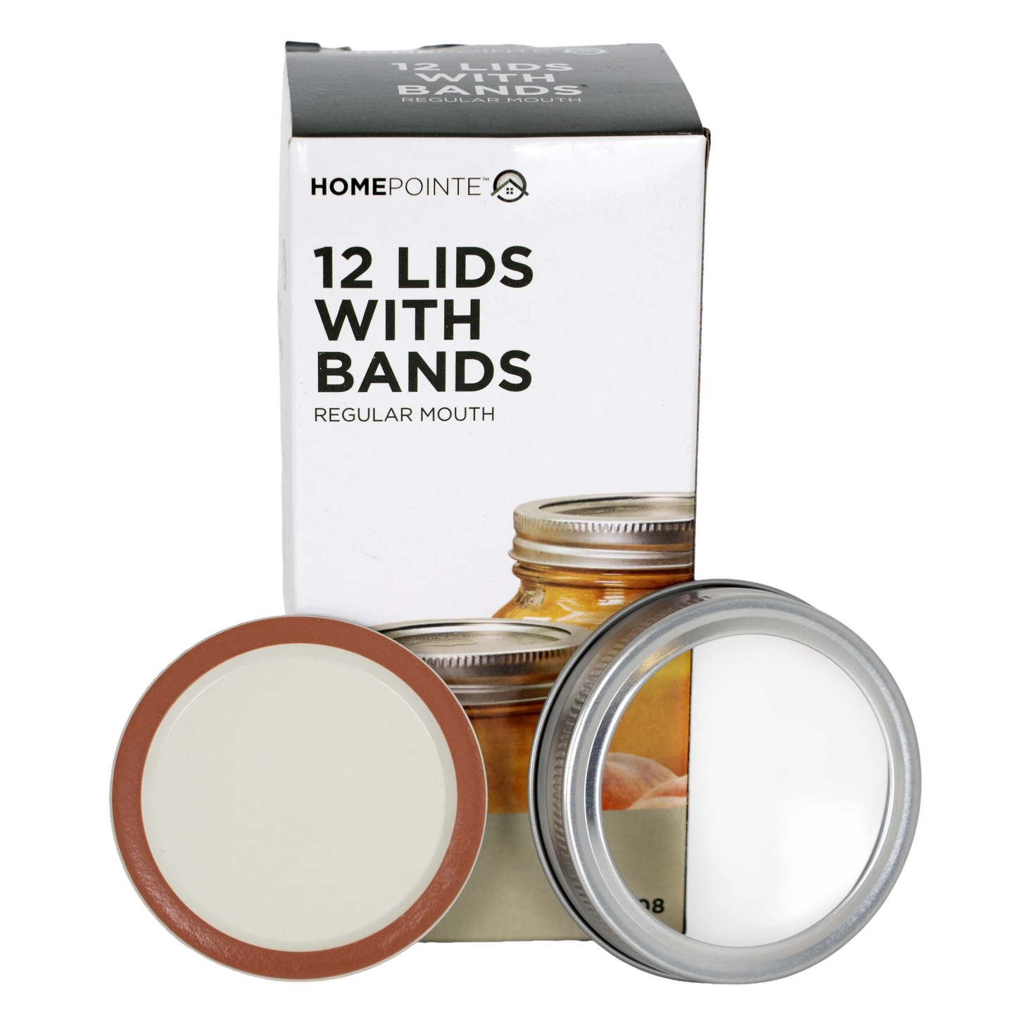 Box of 12 regular-mouth jar lids and matching metal bands featuring BPA-free sealing compound, shown with a filled glass jar, suitable for Kitchen & Food, Food Preservation, and Canning collections.