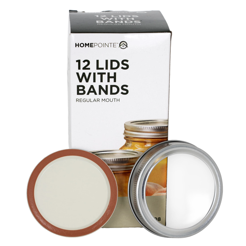 Box of 12 regular-mouth jar lids and matching metal bands featuring BPA-free sealing compound, shown with a filled glass jar, suitable for Kitchen & Food, Food Preservation, and Canning collections.