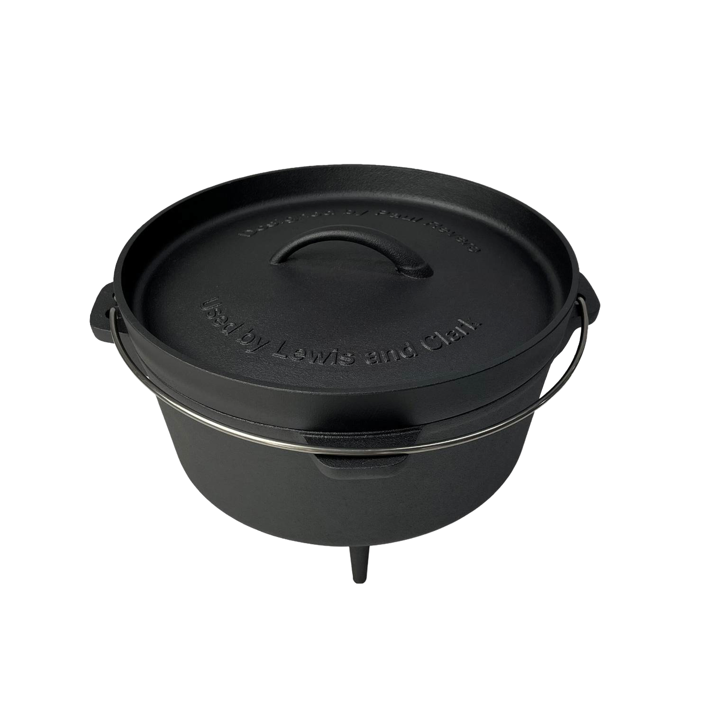Black nitrided cast iron camp Dutch oven with a sturdy handle and three legs for outdoor cooking, crafted for Farm, Garden & Tool, Kitchen & Food, Camping, Cookware, and Cast Iron collections.