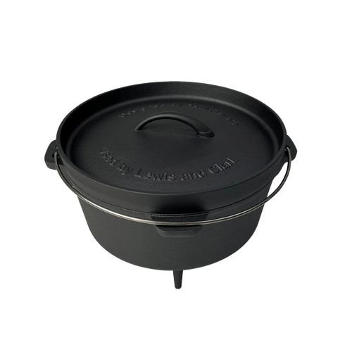 Black nitrided cast iron camp Dutch oven with a sturdy handle and three legs for outdoor cooking, crafted for Farm, Garden & Tool, Kitchen & Food, Camping, Cookware, and Cast Iron collections.