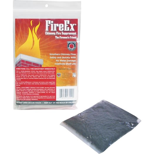 Clear resealable pouch of chimney fire suppressant showing fire safety instructions alongside sealed black pouch, featured in Stoves, Hearth Accessories, and Best Sellers collections.