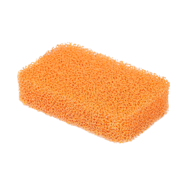 Orange silicone dish scrubber with porous texture, resistant to mold and mildew, designed for gentle cleaning in household cleaning and kitchen gadget collections.