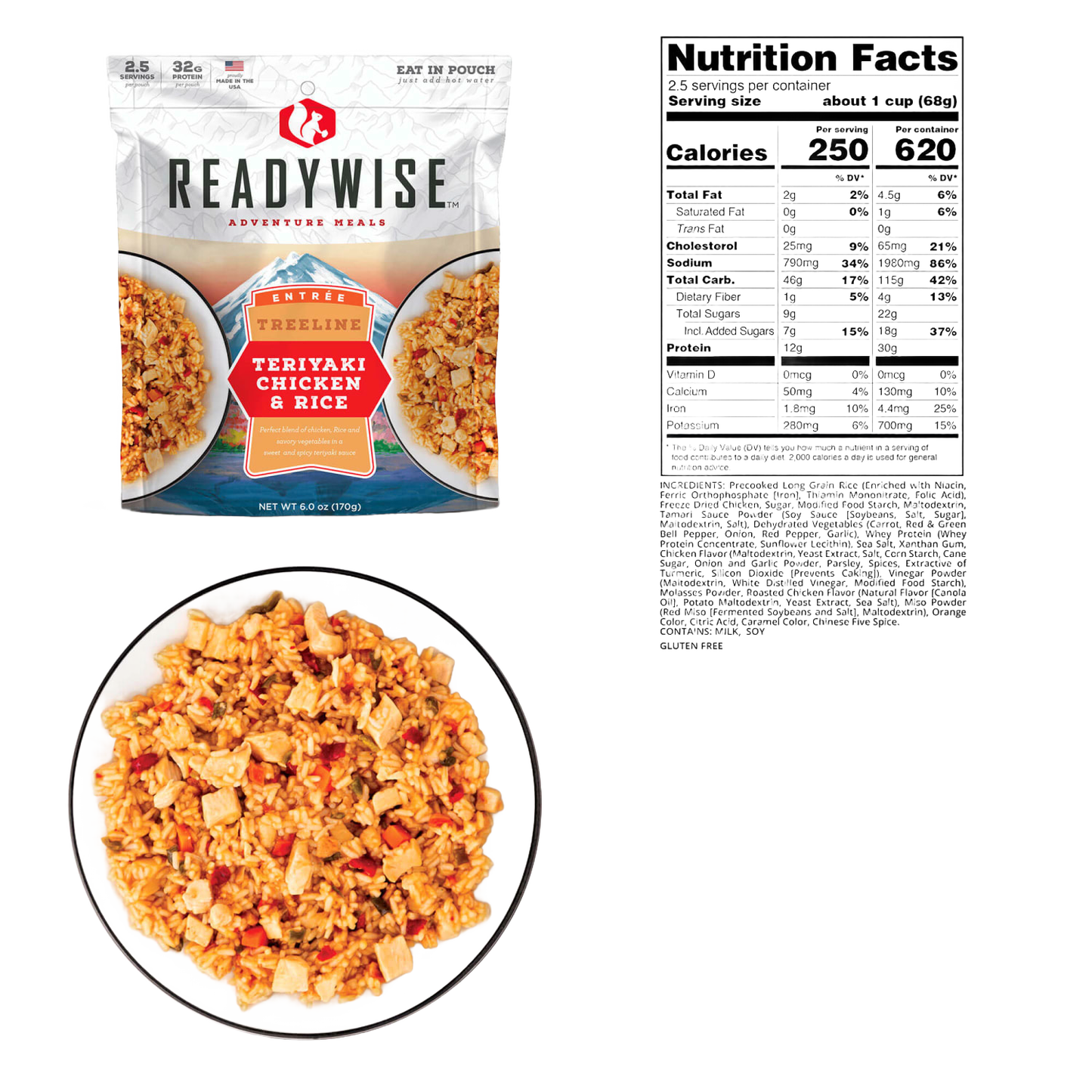 ReadyWise teriyaki chicken and rice meal packet with nutritional information and a bowl of prepared rice and chicken, suitable for camping, emergency supplies, USA made, and best sellers collections.