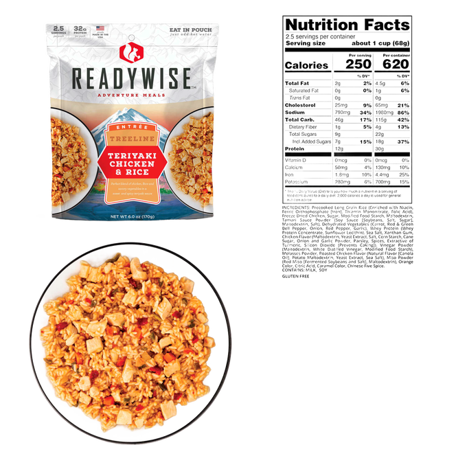 ReadyWise teriyaki chicken and rice meal packet with nutritional information and a bowl of prepared rice and chicken, suitable for camping, emergency supplies, USA made, and best sellers collections.