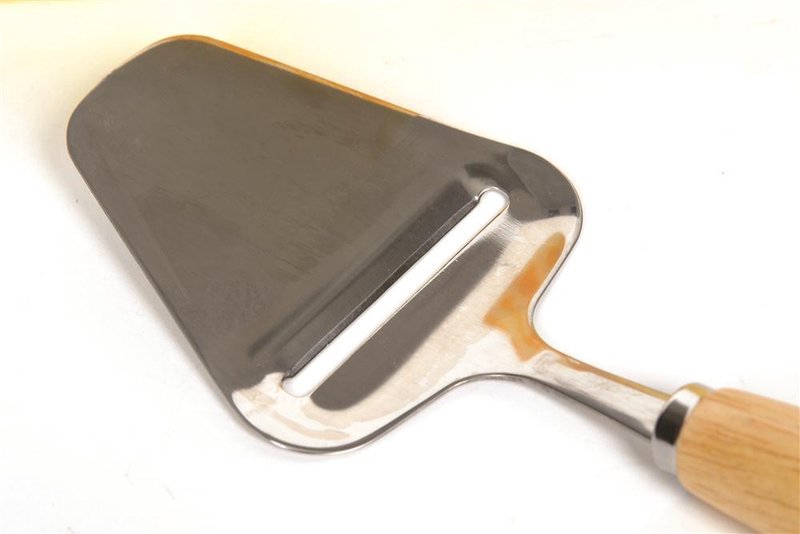 Cheese slicer with a stainless steel blade and smooth wooden handle, designed for semi-hard cheeses, ideal for Kitchen & Food, Specialty Equipment, DIY Cheese and Yogurt collections.