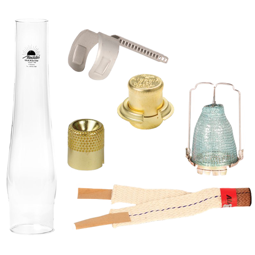 Complete set of lamp parts including glass chimney, burner collar, wick, mantle, flame spreader, and brass components designed for long-lasting use with oil lamps, featured in Lamps & Lighting, Parts and Accessories, Wicks and Mantles, Chimneys and Globes, Lamp Burners and Collars, Other Parts, Best Sellers, and Promo Eligible collections.