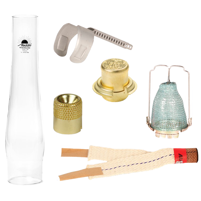 Complete set of lamp parts including glass chimney, burner collar, wick, mantle, flame spreader, and brass components designed for long-lasting use with oil lamps, featured in Lamps & Lighting, Parts and Accessories, Wicks and Mantles, Chimneys and Globes, Lamp Burners and Collars, Other Parts, Best Sellers, and Promo Eligible collections.