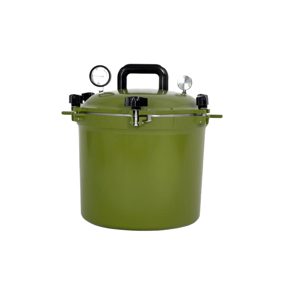 Olive green 21.5-quart handcrafted pressure canner with secure locking lid, pressure gauge, and sturdy handle, made in USA for Kitchen & Food, Food Preservation, Canning, and Best Sellers collections.