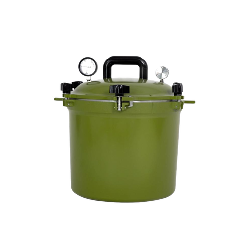 Olive green 21.5-quart handcrafted pressure canner with secure locking lid, pressure gauge, and sturdy handle, made in USA for Kitchen & Food, Food Preservation, Canning, and Best Sellers collections.