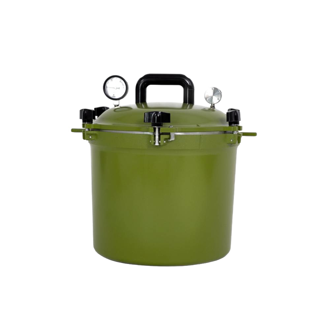 Olive green 21.5-quart handcrafted pressure canner with secure locking lid, pressure gauge, and sturdy handle, made in USA for Kitchen & Food, Food Preservation, Canning, and Best Sellers collections.