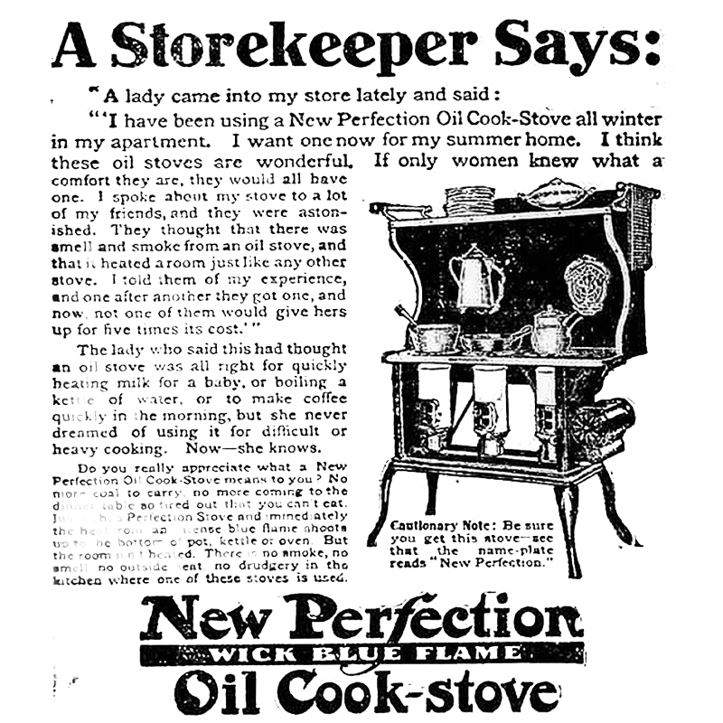 Vintage black and white advertisement for a handcrafted two-burner oil cook stove with ornate design, featuring shelves and cooking pots, highlighting Amish made craftsmanship in USA, listed in Stoves, USA Made, Amish Made, Cookstoves, Best Sellers, Promo Eligible, and All Stoves & Appliances collections.