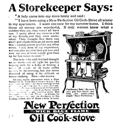 Vintage black and white advertisement for a handcrafted two-burner oil cook stove with ornate design, featuring shelves and cooking pots, highlighting Amish made craftsmanship in USA, listed in Stoves, USA Made, Amish Made, Cookstoves, Best Sellers, Promo Eligible, and All Stoves & Appliances collections.