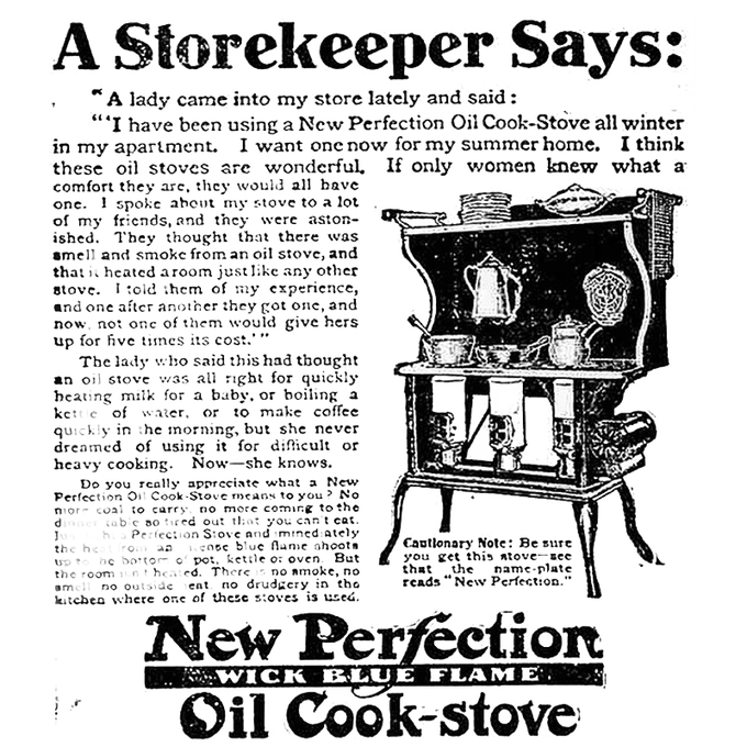 Vintage black and white advertisement for a handcrafted two-burner oil cook stove with ornate design, featuring shelves and cooking pots, highlighting Amish made craftsmanship in USA, listed in Stoves, USA Made, Amish Made, Cookstoves, Best Sellers, Promo Eligible, and All Stoves & Appliances collections.