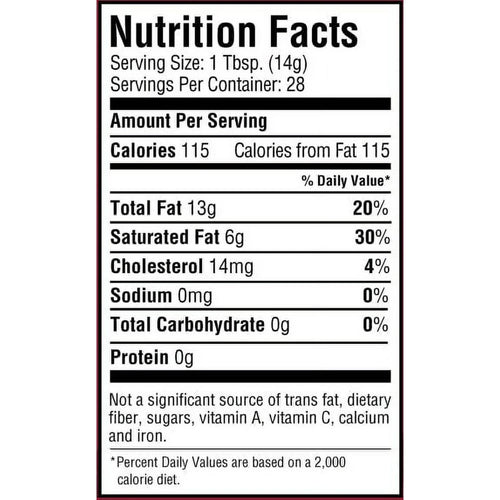 Close-up of the nutrition facts label on a handcrafted 14 oz jar of gourmet premium rendered beef tallow, highlighting fat content and dietary information, featured in Kitchen & Food, Food, Pantry, USA Made, Best Sellers, and Promo Eligible collections.