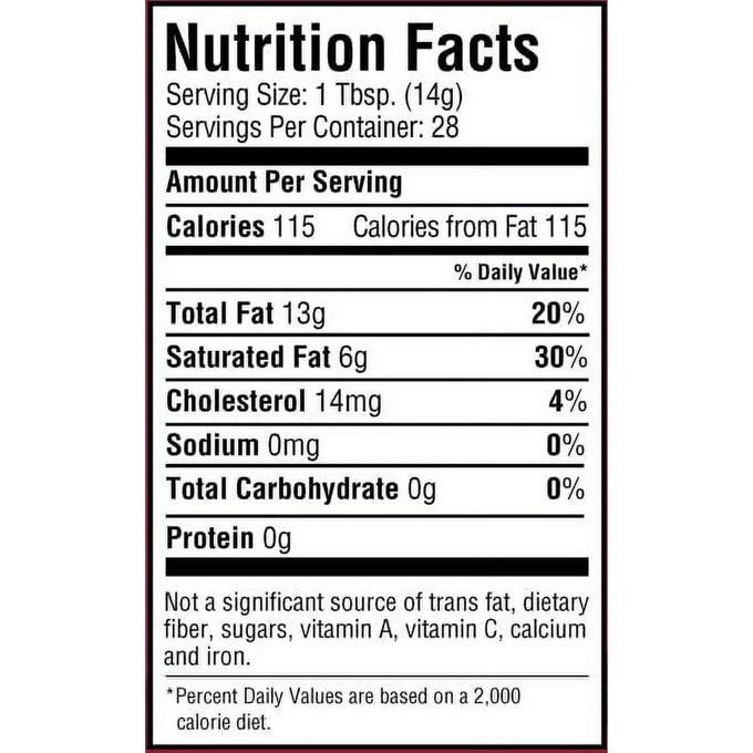Close-up of the nutrition facts label on a handcrafted 14 oz jar of gourmet premium rendered beef tallow, highlighting fat content and dietary information, featured in Kitchen & Food, Food, Pantry, USA Made, Best Sellers, and Promo Eligible collections.