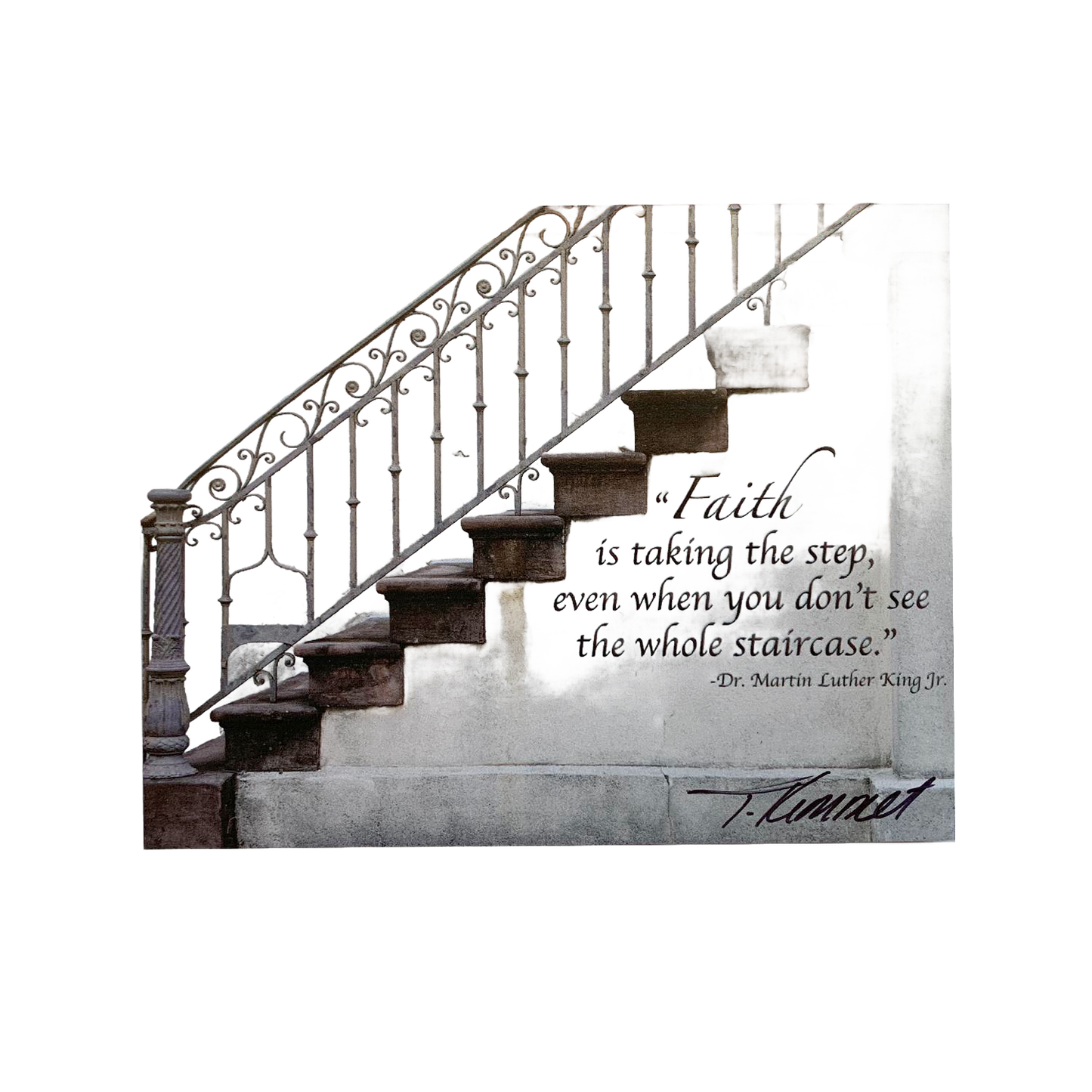 Handcrafted scenic magnet featuring a rustic staircase with an inspiring Martin Luther King Jr. quote about faith, perfect for Home & Decor, Best Sellers, and Promo Eligible collections.