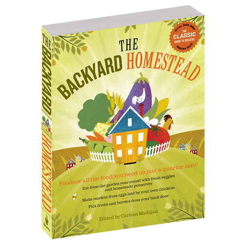 Cover of a home and garden how-to book titled Backyard Homestead, featuring colorful illustrations of vegetables, a chicken, and a small house, part of best sellers in toys, books & games.
