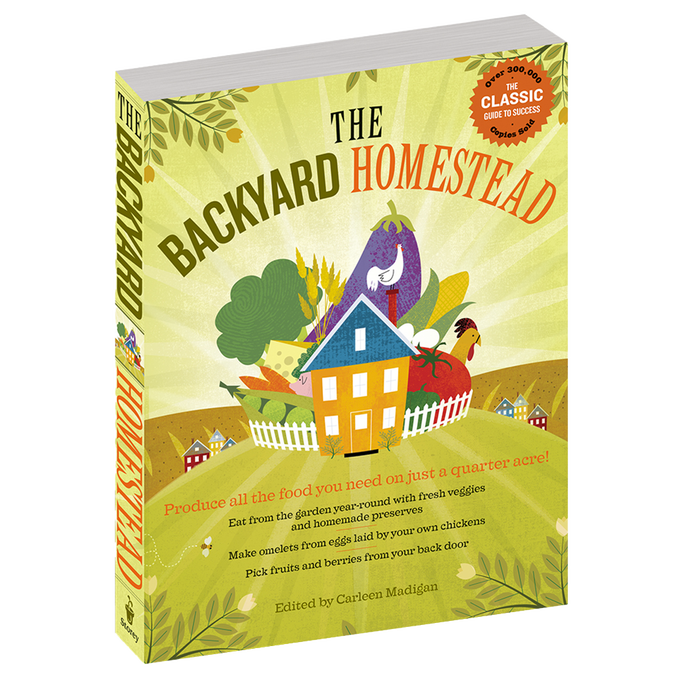 Cover of a home and garden how-to book titled Backyard Homestead, featuring colorful illustrations of vegetables, a chicken, and a small house, part of best sellers in toys, books & games.