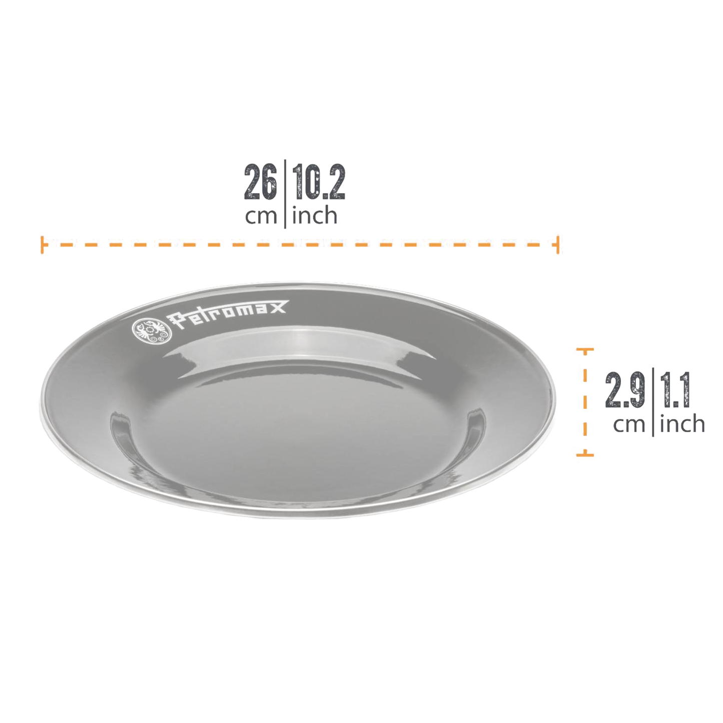 Gray enamel plate featuring the Petromax logo, durable and lightweight with heat-resistant fired surface, ideal for Farm, Garden & Tool, Kitchen & Food, Camping, Dinnerware, Best Sellers, and Promo Eligible collections.