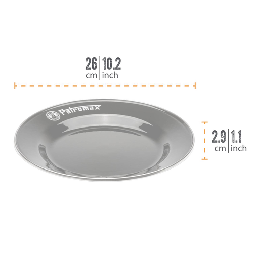 Gray enamel plate featuring the Petromax logo, durable and lightweight with heat-resistant fired surface, ideal for Farm, Garden & Tool, Kitchen & Food, Camping, Dinnerware, Best Sellers, and Promo Eligible collections.