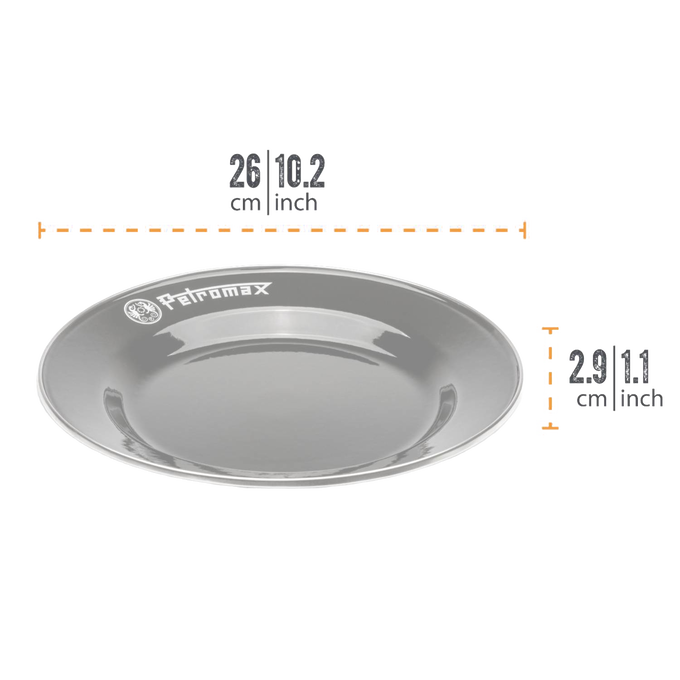 Gray enamel plate featuring the Petromax logo, durable and lightweight with heat-resistant fired surface, ideal for Farm, Garden & Tool, Kitchen & Food, Camping, Dinnerware, Best Sellers, and Promo Eligible collections.