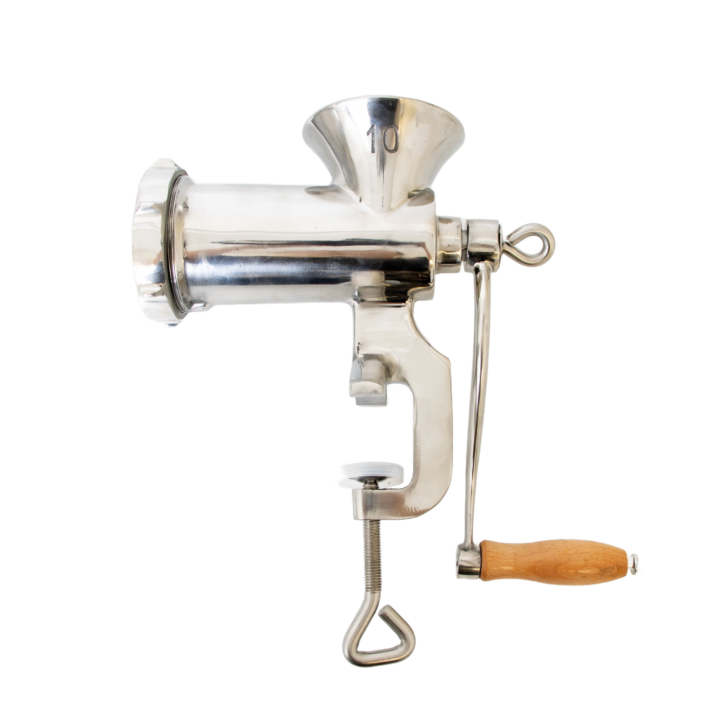 Stainless steel hand-crank meat grinder with built-in clamp and wooden handle, designed for Kitchen & Food and Specialty Equipment collections, crafted for precise butchering tasks.