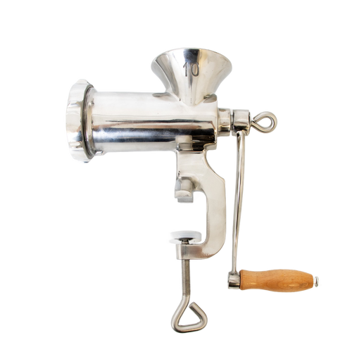 Stainless steel hand-crank meat grinder with built-in clamp and wooden handle, designed for Kitchen & Food and Specialty Equipment collections, crafted for precise butchering tasks.