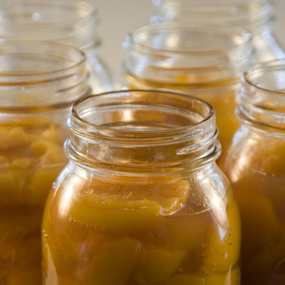 Clear glass jars filled with preserved fruit slices in liquid, showcasing regular-mouth canning jars ideal for Kitchen & Food, Food Preservation, Canning, USA Made, and Best Sellers collections.