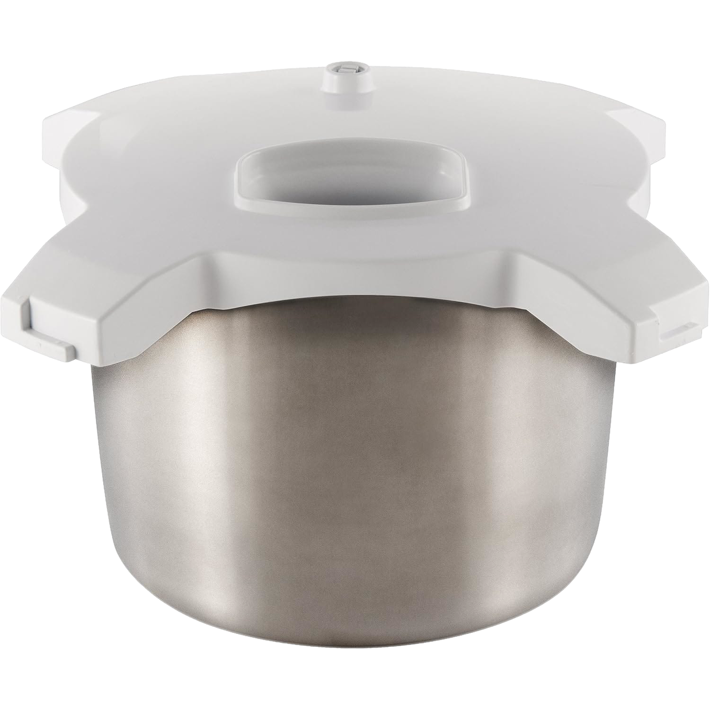 Stainless steel ice cream maker bowl with white plastic lid designed as an attachment for stand mixers, perfect for Kitchen & Food, Kitchen Gadgets, and Best Sellers collections.
