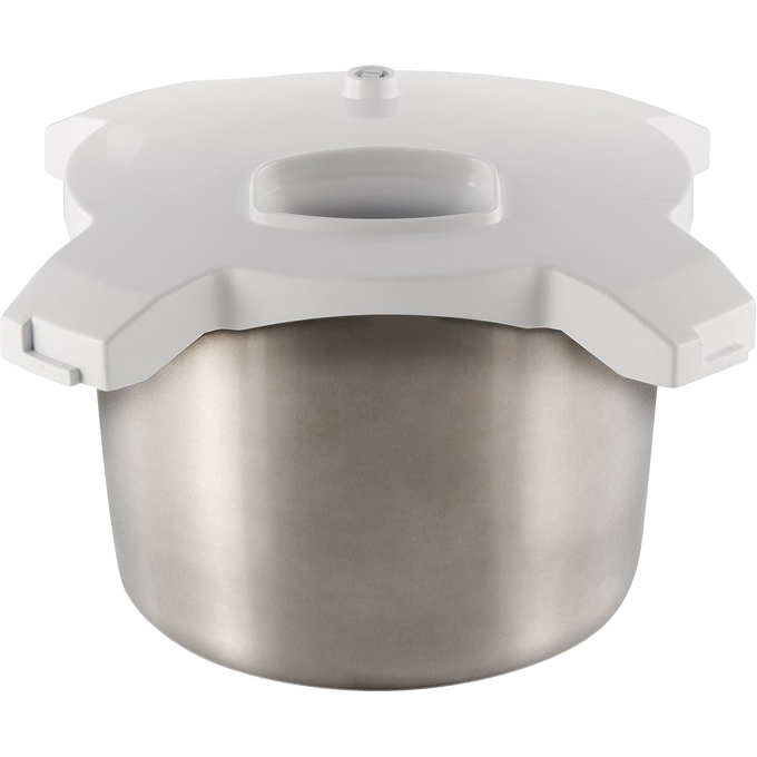 Stainless steel ice cream maker bowl with white plastic lid designed as an attachment for stand mixers, perfect for Kitchen & Food, Kitchen Gadgets, and Best Sellers collections.