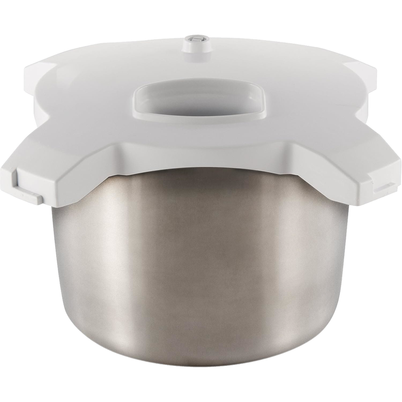 Stainless steel ice cream maker bowl with white plastic lid designed as an attachment for stand mixers, perfect for Kitchen & Food, Kitchen Gadgets, and Best Sellers collections.