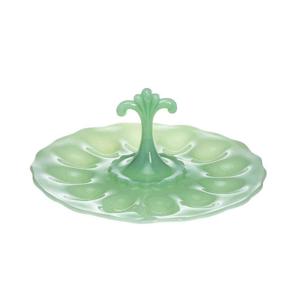Handcrafted green milk glass egg plate with decorative central handle, designed to hold 12 eggs, ideal for Kitchen & Food, Storage and Serving, USA Made, Best Sellers, and Promo Eligible collections.