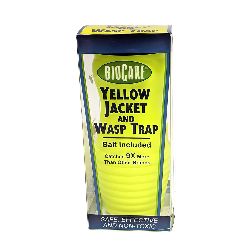Bright yellow plastic yellow jacket and wasp trap with included bait, designed for safe and effective pest control, featured in Farm, Garden & Tool, Pest Control, and USA Made collections.