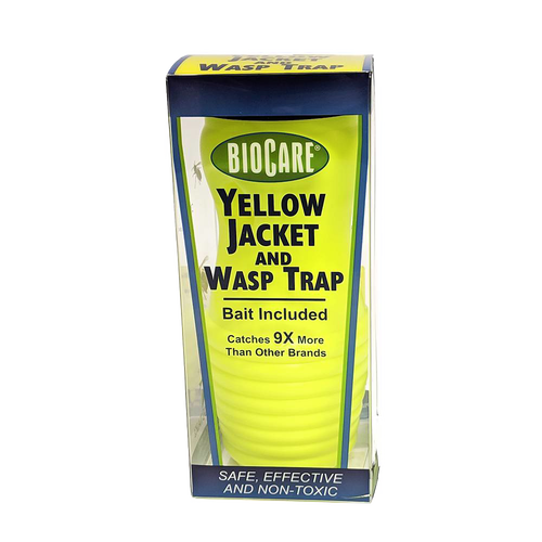 Bright yellow plastic yellow jacket and wasp trap with included bait, designed for safe and effective pest control, featured in Farm, Garden & Tool, Pest Control, and USA Made collections.