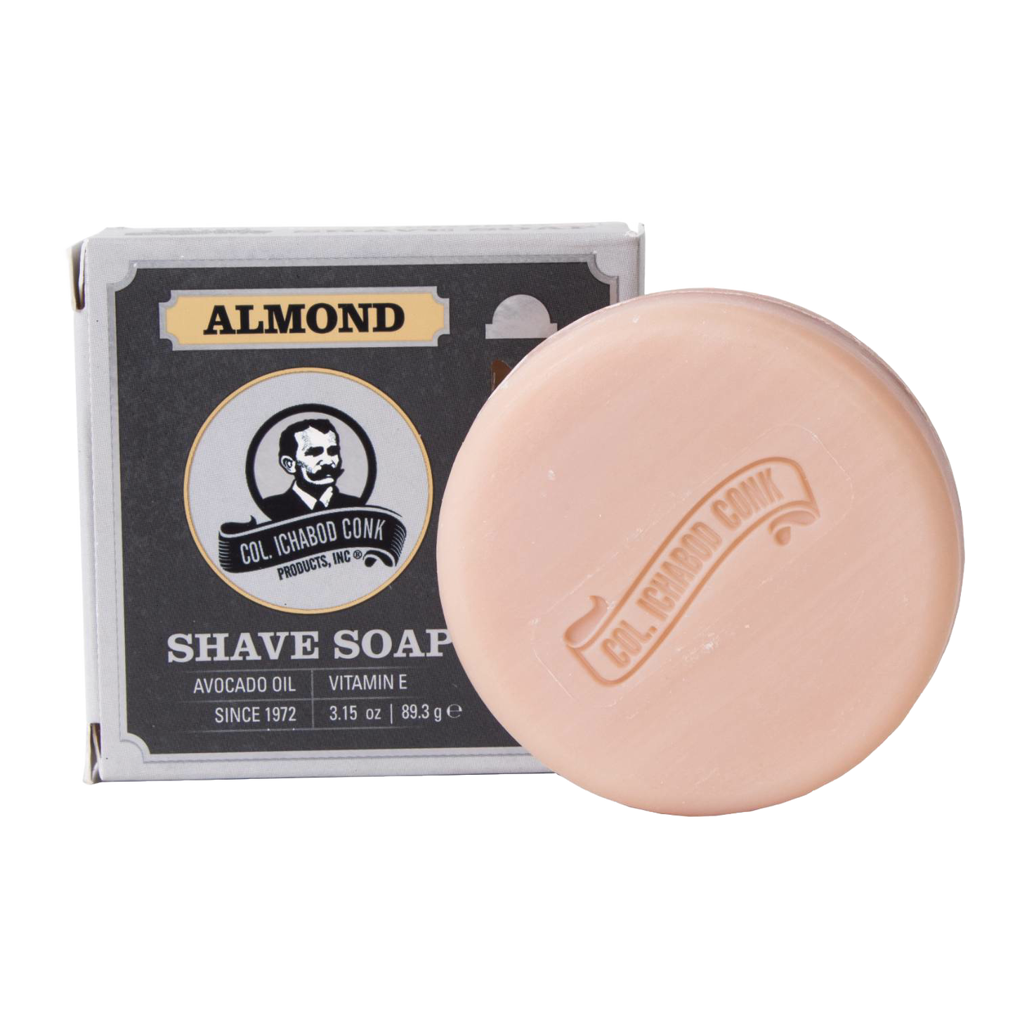Handcrafted almond-scented shaving soap bar embossed with branding, enriched with avocado oil and vitamin E, made in USA, featured in Health & Wellness, Grooming, Soaps, and Best Sellers collections.