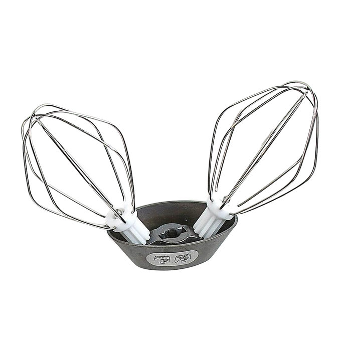Dual wire whisk attachment with white plastic hubs designed for a hand-crank mixing tool, handcrafted and Amish made, suitable for Kitchen & Food and Baking Supplies collections.