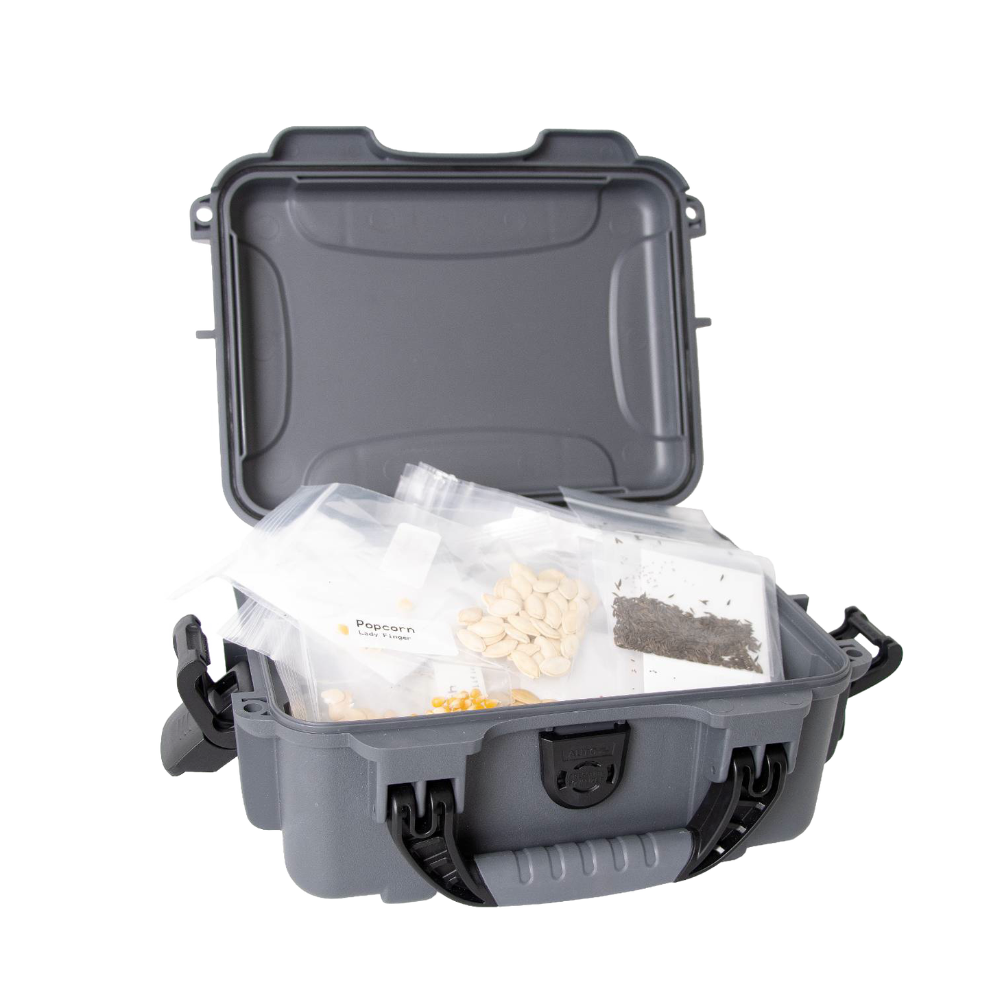Durable waterproof storage case opened to show organized clear bags containing various heirloom seeds, designed for farm and garden use, handcrafted for durability and reliability.