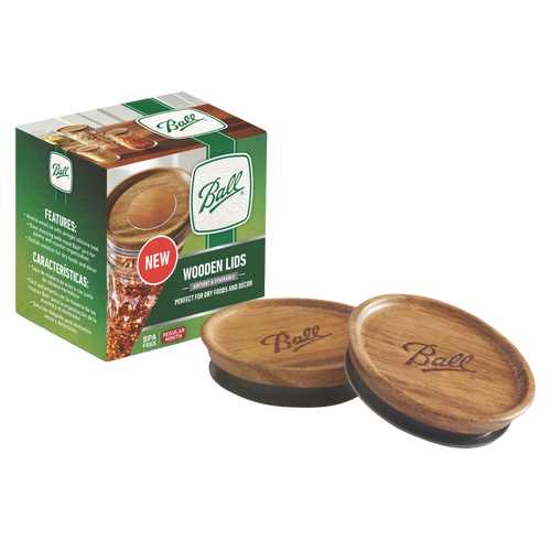 Set of two airtight acacia wood jar lids with Ball engraving, designed for regular mouth jars, ideal for pantry storage and kitchen decor in Kitchen & Food and Storage and Serving collections.
